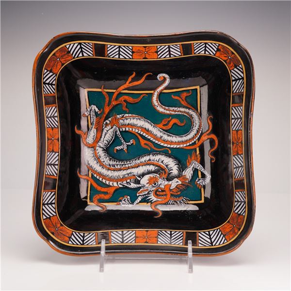 Wedgwood Lustre Style Scalloped Square Red Dragon Bowl