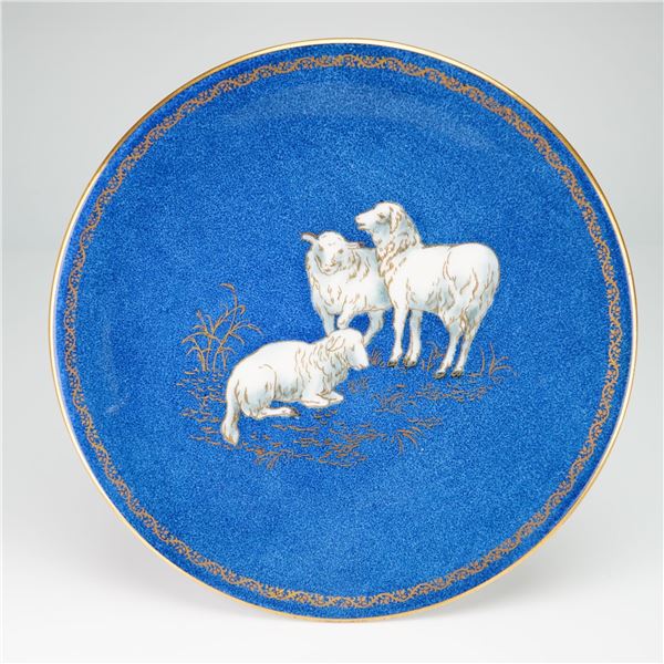 Wedgwood Blue Lustre Porcelain Cabinet Plate with Sheep Motif from the Rubin Collection