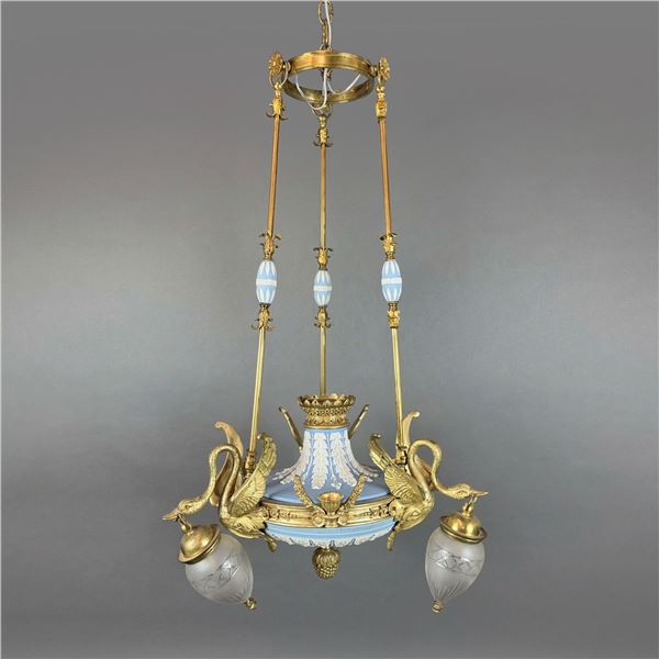 Wedgwood Jasperware Neoclassical Style Gilt Metal Three Light Swan Chandelier