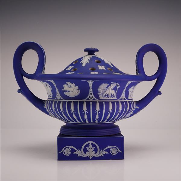 Wedgwood Cobalt Blue Jasperware Potpourri Krater with Pierced Lid
