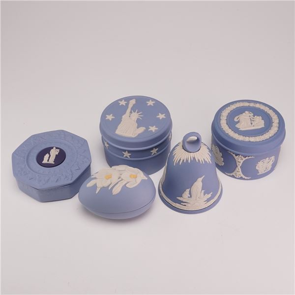 Five Piece Collection of Wedgwood Blue Jasperware Trinket Boxes and a Bell from the Rubin Collection