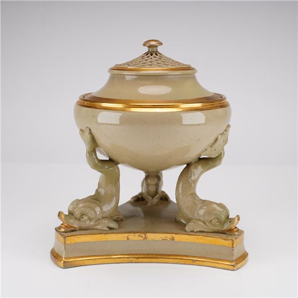 Wedgwood Drabware Dolphin Pastille Burner with Pierced Lid and Gilt Detailing