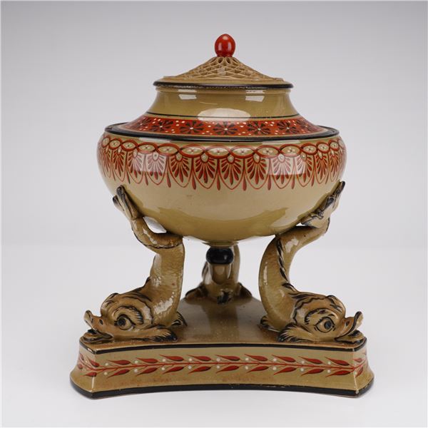 Wedgwood Rosso Antico Dolphin Supported Pastille Burner and Reticulated Cover