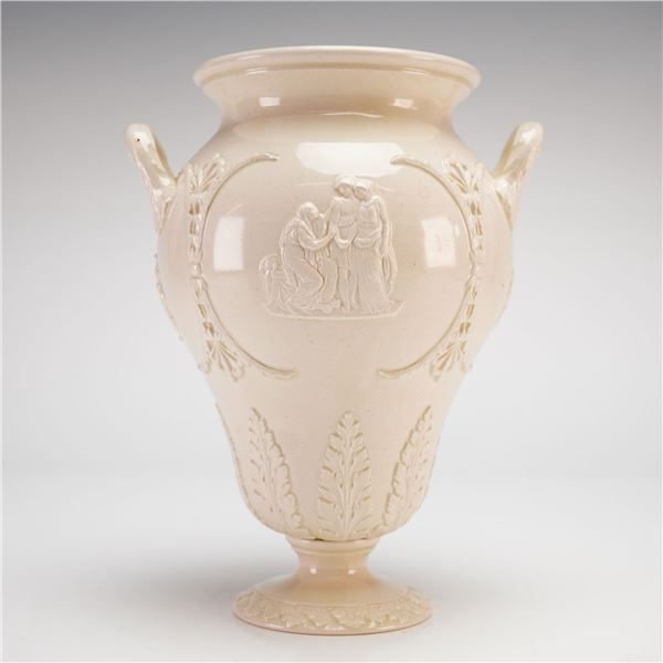 Wedgwood Queensware Double Handled Vase with Neoclassical Figures and Motifs in Raised Relief