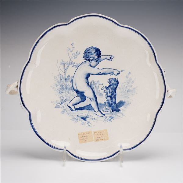 Wedgwood Creamware Footed Plate with Serpent Handles and Central Boy and Dog Scene