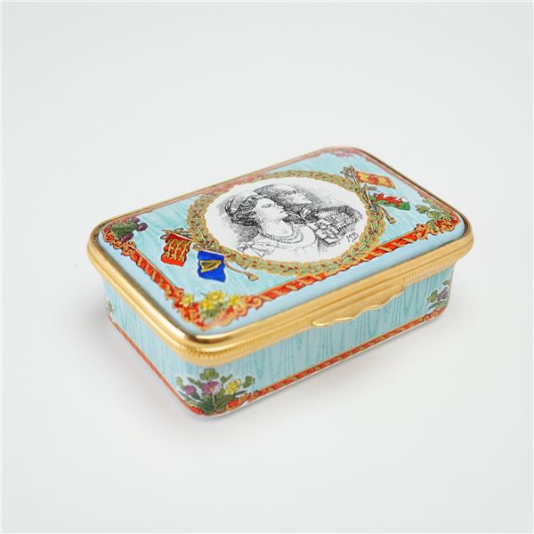 Halcyon Days Enameled Commemorative Box, Queen and Pince Philip 50th Wedding Anniversary