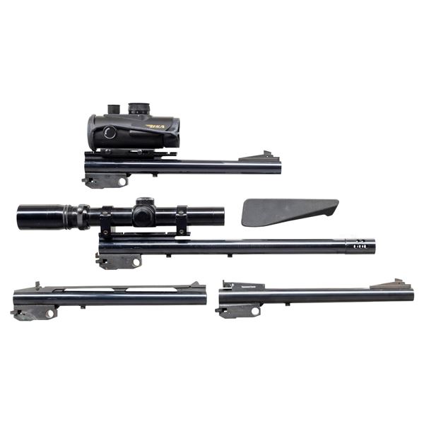 4 BLUED ROUND T/C CONTENDER BARRELS & 1 FOREND.