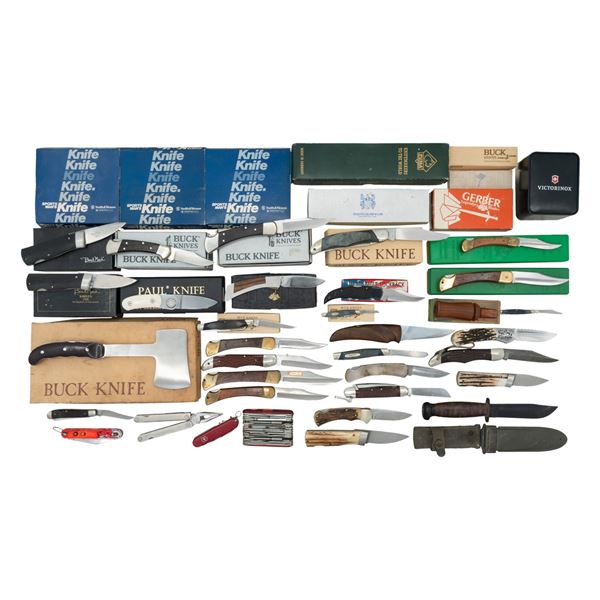 LOT OF ASSORTED KNIVES, MULTI-TOOLS, & BOXES.