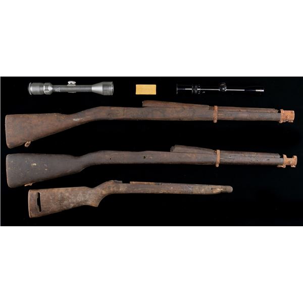 2 SCOPES, 3 US RIFLE STOCKS AND 1 AMMO PACKAGE.
