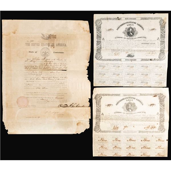 TWO CONFEDERATE BONDS AND LARGE PRINTED ANTEBELLUM