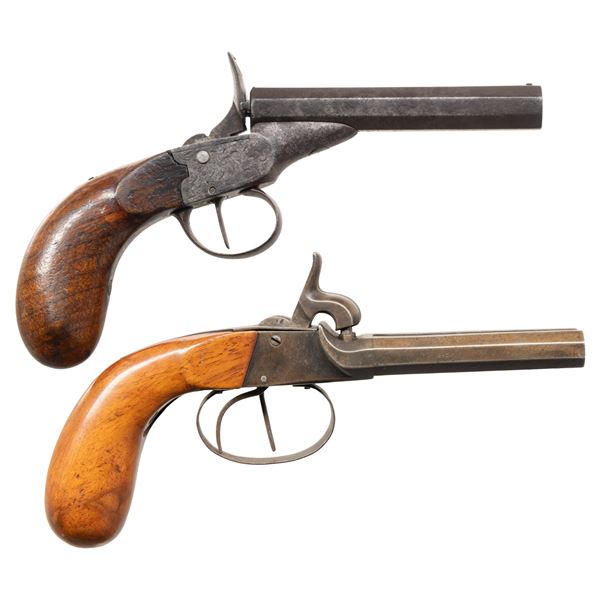 PAIR OF ANTIQUE PERCUSSION & CARTRIDGE PISTOLS.