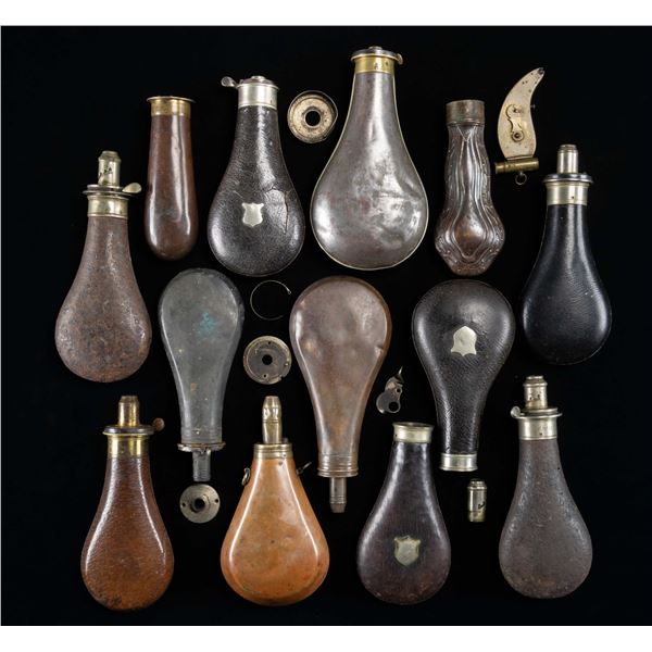 GROUPING OF 13 POWDER FLASKS & 1 CAPPER.