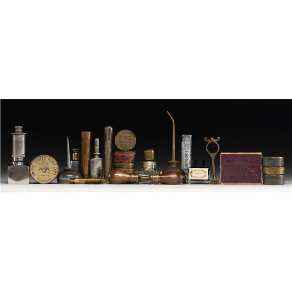 LOT OF ASSORTED PRIMER TINS, OIL BOTTLES, &