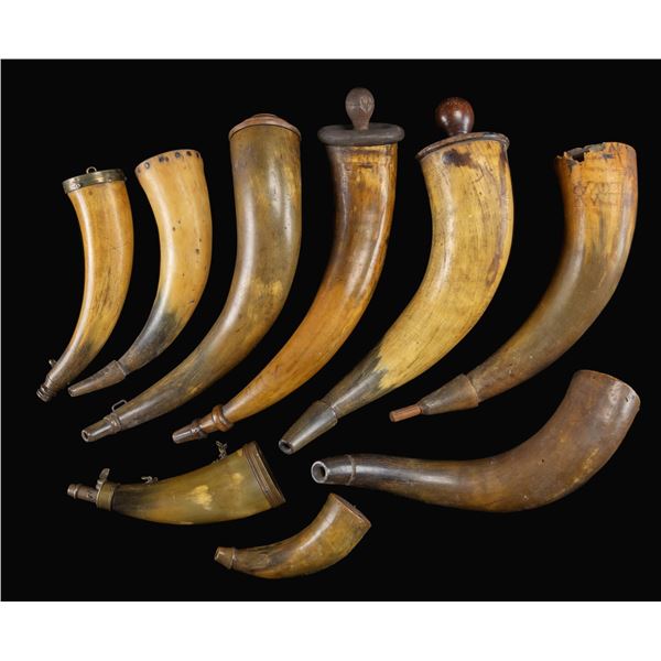 NINE 18th-19th CENTURY POWDER HORNS.