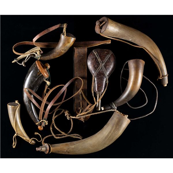 6 POWDER HORNS & 1 LEATHER SHOT FLASK.