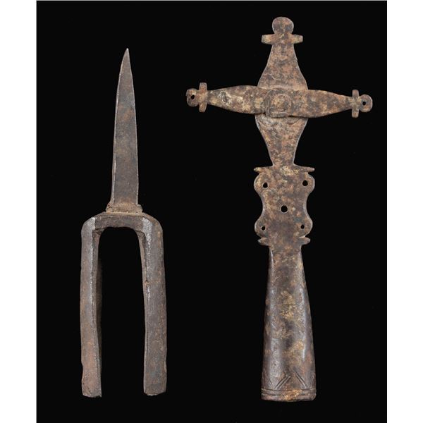 TWO SPANISH COLONIAL FORGED POLE TOPS.