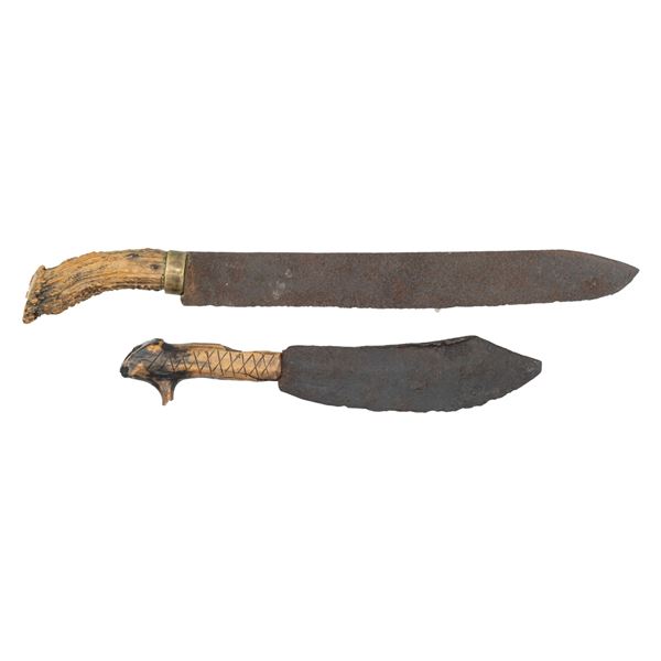 TWO LARGE STAG GRIPPED PRIMITIVE AMERICAN KNIVES.