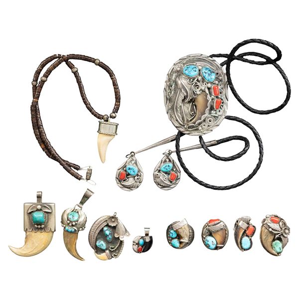GROUP OF VINTAGE NAVAJO SILVER TURQUOISE & BEAR