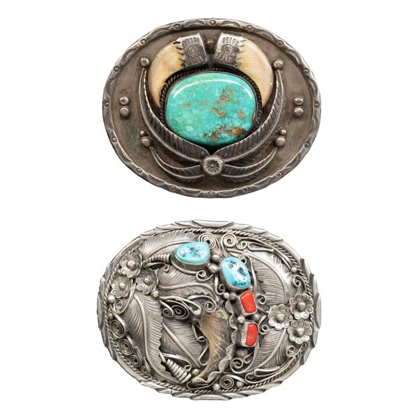 TWO SILVER TURQUOISE & BEAR CLAW DECORATED BELT
