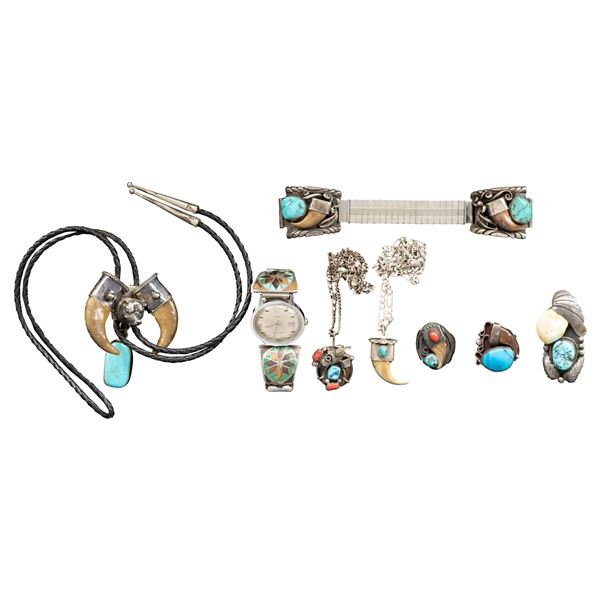 GROUP OF SILVER, TURQUOISE, & BEAR CLAW NAVAJO-