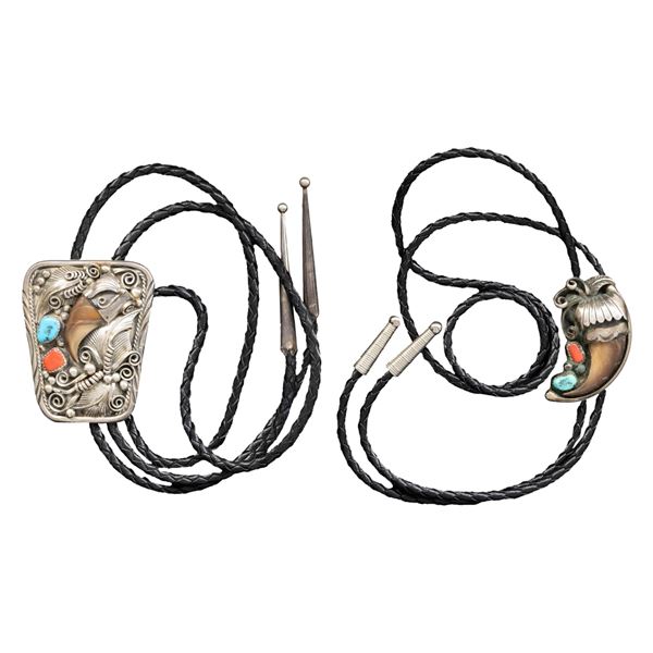 TWO SIGNED STERLING NAVAJO TURQUOISE & BEAR CLAW