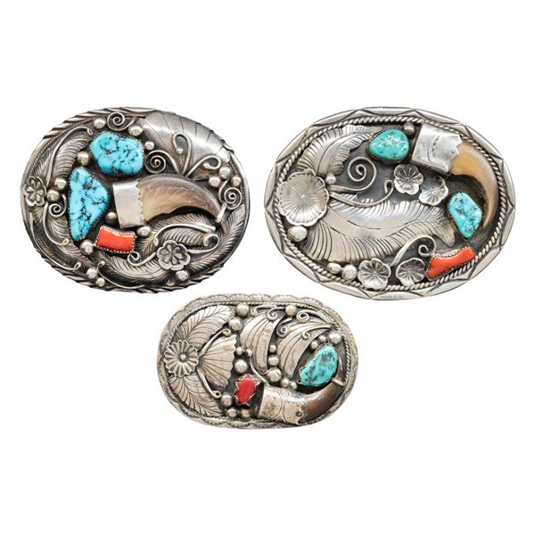 THREE NAVAJO SILVER TURQUOISE, RED CORAL & BEAR
