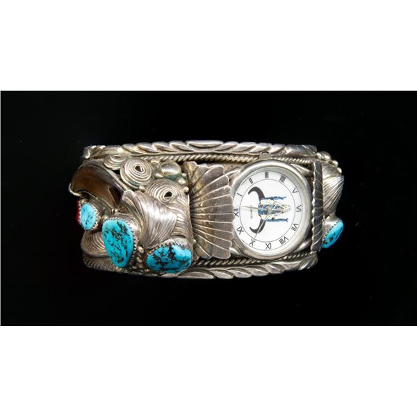 "ELAINE SAM" SIGNED STERLING NAVAJO TURQUOISE, RED