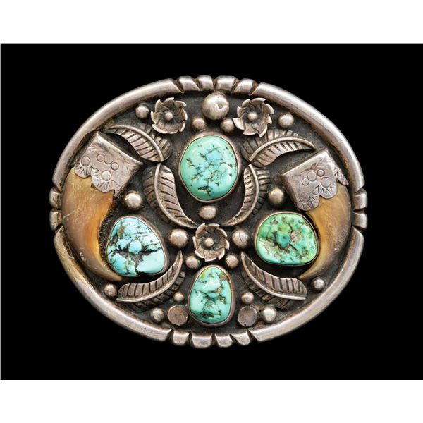 SIGNED SILVER NAVAJO TURQUOISE & BEAR CLAW BELT