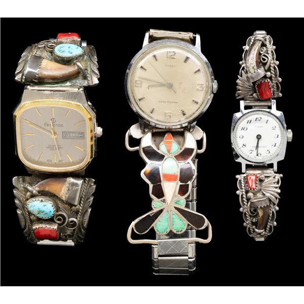 THREE VINTAGE NAVAJO & ZUNI SILVER DECORATED WRIST