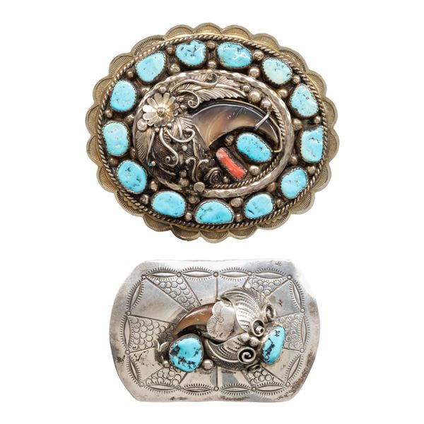 TWO STERLING SILVER TURQUOISE & BEAR CLAW