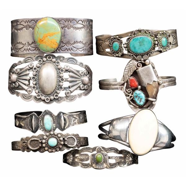EIGHT VINTAGE NATIVE AMERICAN THEMED SILVER