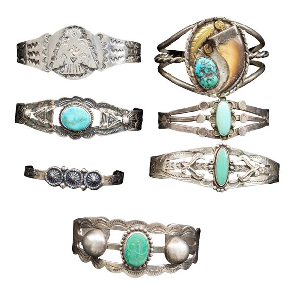 SEVEN VINTAGE NATIVE AMERICAN THEMED SILVER
