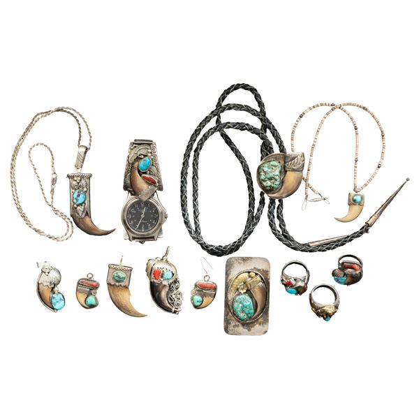 GROUP OF SILVER NAVAJO TURQUOISE & BEAR CLAW