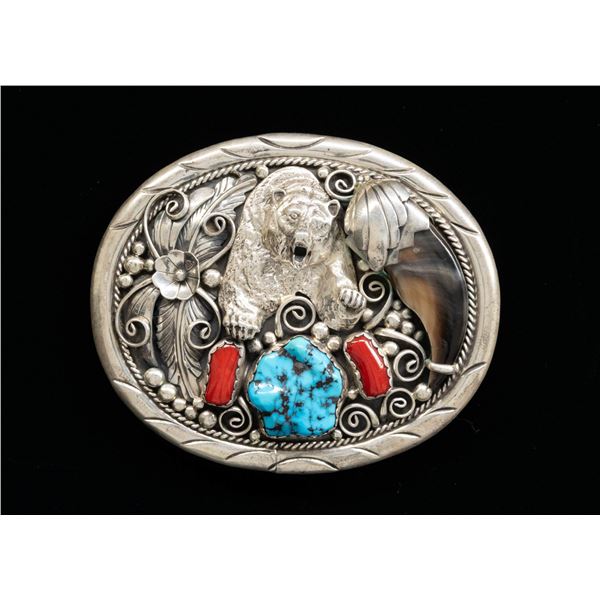 "M. TSOSIE" SIGNED STERLING NAVAJO TURQUOISE, RED