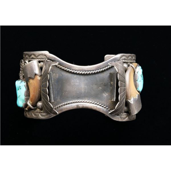 LARGE SIGNED STERLING NAVAJO TURQUOISE & BEAR CLAW