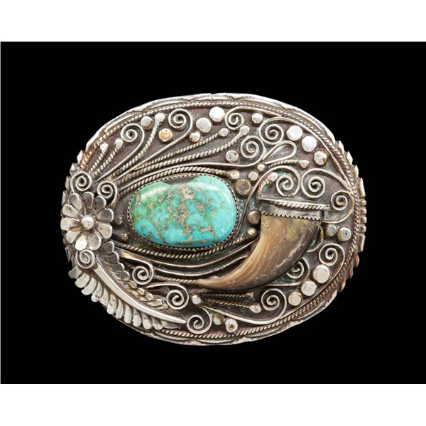 SIGNED SILVER NAVAJO TURQUOISE & BEAR CLAW BELT