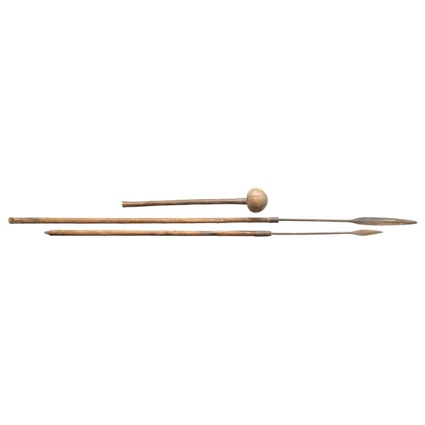 2 AFRICAN IRON TIPPED SPEARS AND WARCLUB.