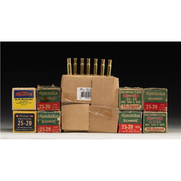 7 BOXES OF 25-20 AMMO PLUS 500 NEW BRASS CASINGS.