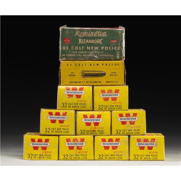 11 VINTAGE BOXES OF 32 COLT NEW POLICE AMMO.