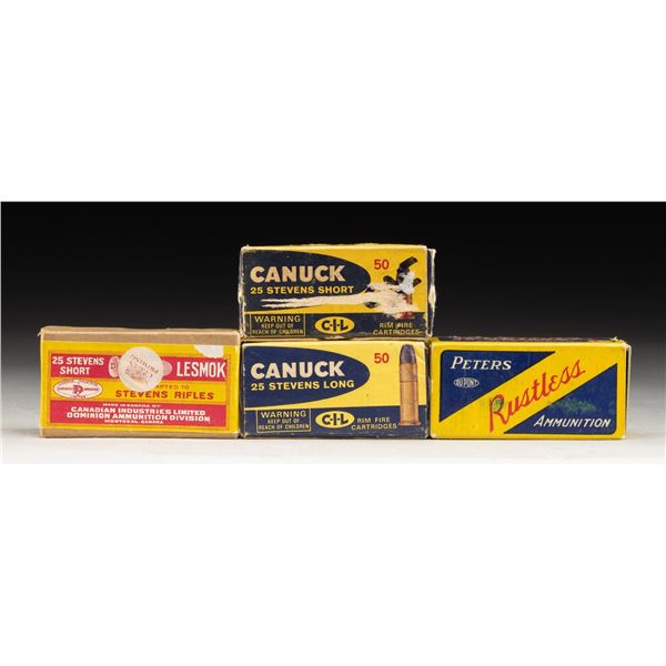 LOT OF 4 BOXES OF STEVENS .25 RIMFIRE AMMUNITION.