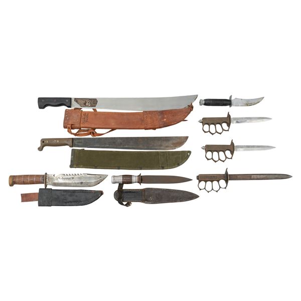 2 US MACHETES, 1918 TRENCH & OTHER EDGED WEAPONS.