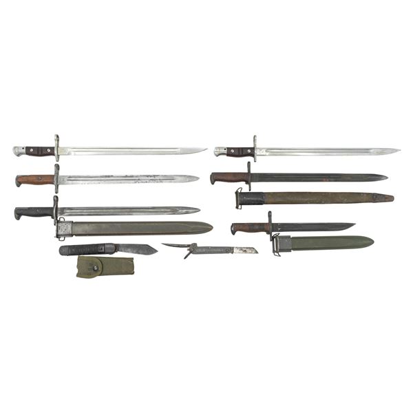 6 US BAYONETS & 2 MILITARY FOLDING KNIVES.
