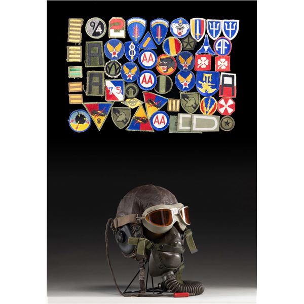 US WWII FLIGHT HELMET & PATCHES.