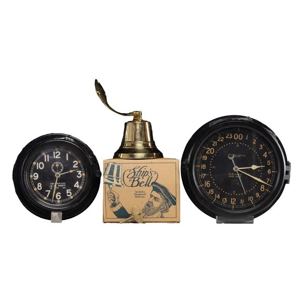 2 USN SHIPS CLOCKS AND BELL.