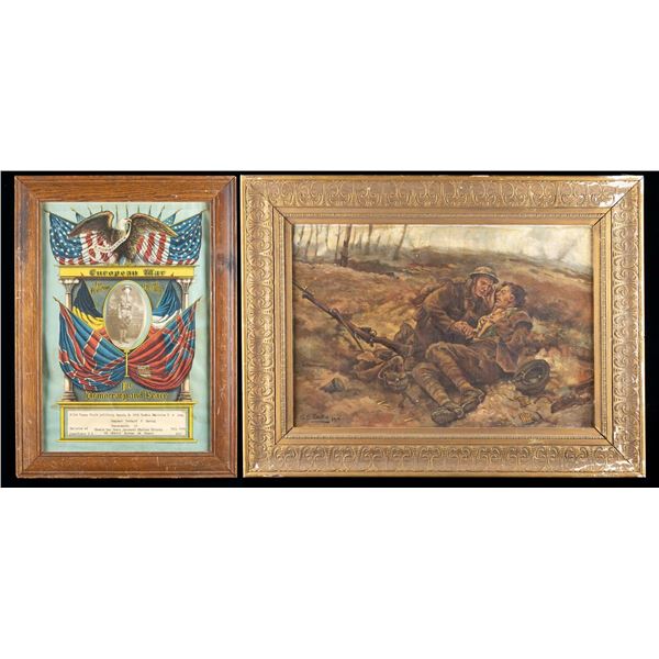 WWI THEMED OIL PAINTING AND SERVICE MEMENTO.