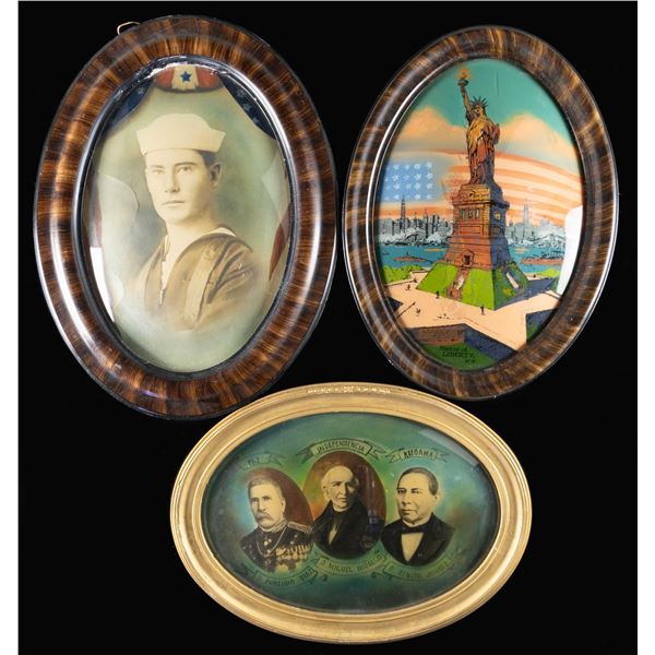 THREE LARGE OVAL FRAMED WW1 ERA IMAGES.