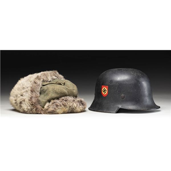 WWII GERMAN POLICE HELMET AND ARMY WINTER FUR CAP.