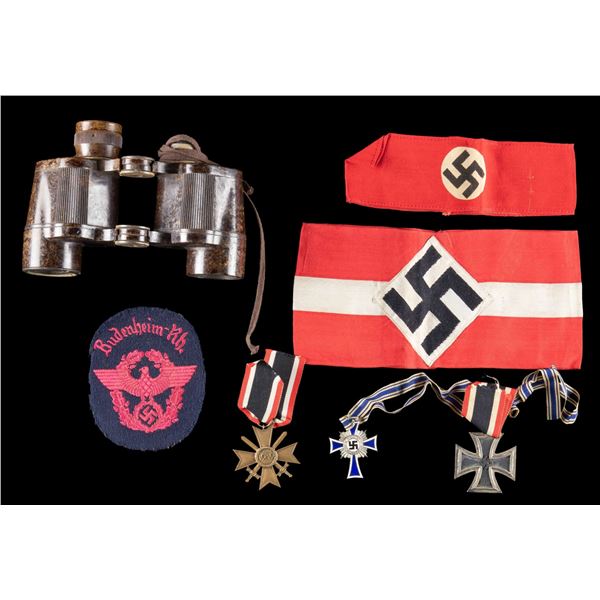 WWII GERMAN BINOCULARS MEDALS, CLOTH, & MORE.