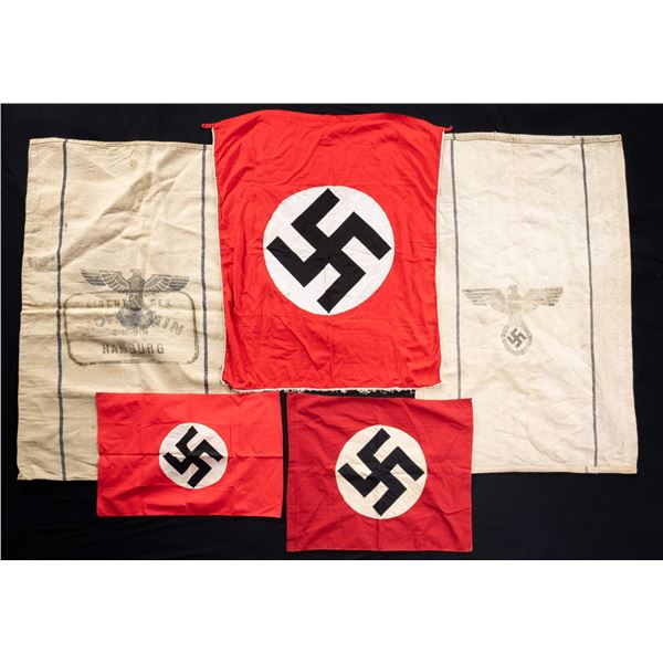 WWII GERMAN FLAGS, BANNER, AND PROVISION BAGS.