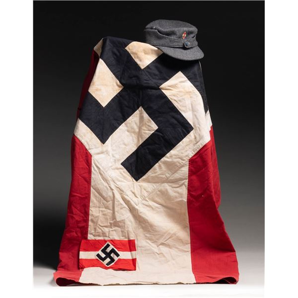 WWII GERMAN HJ FLAG, ARMBAND AND HAT.